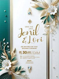 an elegant wedding card with gold and green flowers on the front, surrounded by pearls