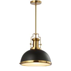 a black and gold pendant light hanging from a ceiling fixture with an industrial style design