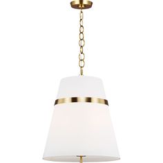 a light fixture with a white shade hanging from it's side and a gold chain