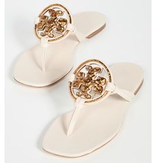 Rich Leather Thong Sandals Adorned With The Jeweled Double T-Logo Plaque. Leather Upper Thong Toe Slip-On Style Cushioned Footbed Imported Black Leather Flip Flops, Tory Burch Sandal, Church's Shoes, Tory Burch Flip Flops, Tan Leather Sandals, Preppy Shoes, Miller Sandal, Jeweled Sandals, Tory Burch Sandals