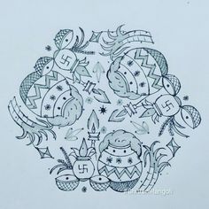 a drawing of an ornamental design with birds and flowers in the center on a white paper background