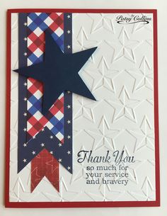 a thank you card with an american flag ribbon and stars on it, which reads, thank you so much for your service and prayer