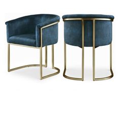 two blue chairs sitting next to each other on top of a white surface with gold legs