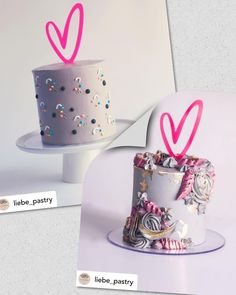 two cakes decorated with pink and blue icing on top of each other, one has a heart shaped decoration