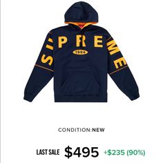 Navy & Orange Supreme Spread Hoodie 9/10 Condition. Winter Blue Sweatshirt With Logo, Winter Blue Logo Sweatshirt, Blue Logo Sweatshirt For Streetwear, Blue Long Sleeve Tops With Logo, Blue Long Sleeve Top With Logo, Logo Hoodie For Spring Streetwear, Logo Hoodie For Streetwear In Spring, Blue Sporty Hoodie With Logo, Blue Logo Hoodie For Streetwear