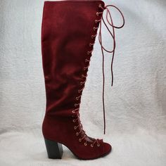 New, Never Worn Bella Red Faux Suede Material Lace Up 3" (Approx) Chunky Heel Single Soles Knee High Side Zipper Cushioned Insoles Size 6 Red High Heel Lace-up Boots For Fall, Burgundy Lace-up Boots For Fall, Red Synthetic Lace-up Boots, Fall Lace-up Heels With Red Sole, Burgundy Heels With Red Sole For Fall, Red Knee-high Heels For Fall, Fall Burgundy Heels With Red Sole, Burgundy Lace-up Heels, Fall Suede Heels With Red Sole