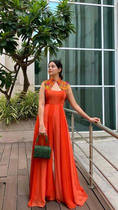 Unique Traditional Dresses Indian, Mehendi Dresses For Bridesmaid, Indian Christian Wedding Bridesmaids, Haldi Guest Look, Orange Indo Western Outfits, Bridesmaid Dress Ideas Indian, Unique Wedding Dresses Indian Style, Haldi Unique Outfit, Unique Ethnic Wear Indian