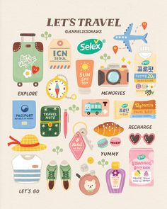 an illustrated poster with travel related items on it's back side and the words let's travel written in different languages