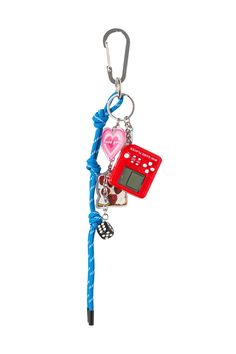 a keychain with a cell phone attached to it's side and a heart on the back