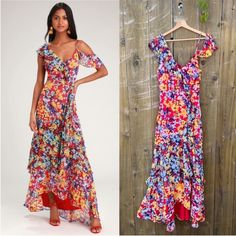 The Stunning Lulus Radiant Ruby Red Floral Print Chiffon Maxi Dress Features Red Chiffon, With A Yellow, Blue, And White Floral Print, Constructs This Beautiful Asymmetrical Maxi Dress With A V-Neckline And Darted Bodice. An Empire Waist And Faux Wrap Bodice Are Supported By A Thick Tank Strap And A Cold Shoulder, With An Adjustable Strap, That Are Both Sweetly Accented By Ruffle Details That Carry Into The Pretty Maxi Skirt With A Tiered Ruffle Hem. Hidden Clasp/Zipper At Back. Interior Tag Is Asymmetrical Floral Print Maxi Dress For Party, Asymmetrical Chiffon Maxi Dress For Spring, Asymmetrical Chiffon Maxi Dress For Summer, Flowy Asymmetrical Floral Maxi Dress, Red One-shoulder Maxi Dress For Spring, Asymmetrical Red Maxi Dress For Summer, Red Asymmetrical Spring Dress, Red Asymmetrical Hem Maxi Dress For Summer, Red Maxi Dress With Asymmetrical Hem For Summer