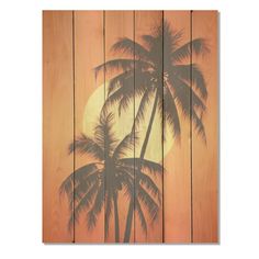 a wooden wall with palm trees on it