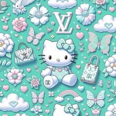 a hello kitty wallpaper with flowers, hearts, and purses on it's blue background