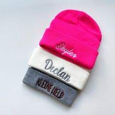 🎁 Custom Embroidery Beanie 🎁 Celebrate in style with our personalized baby beanies! Perfect for newborns and available in matching sizes for kids and adults, these cozy hats make for a thoughtful baby shower gift or a charming Christmas present. Choose from a variety of custom embroidery options to make each beanie uniquely yours. Order today and keep everyone warm and stylish!  Expedited Shipping: https://www.etsy.com/listing/1500396927/expedited-shipping 3 SIZES S (3M-1Y): head size 12 1/2 in (32 cm) M (1-6Y): head size 15 1/2 in (40 cm) L (Adult): head size 21 in (54 cm) White Embroidered Beanie Hat, White Embroidered Hat For Gift, Gift Beanie One Size Fits Most, One Size Fits Most Beanie Gift, Custom Name Cap Hat As Gift, White Beanie Bonnet As A Gift, Personalized Winter Hats For Gifts, Personalized Winter Hats As Gifts, Personalized White Hat As Gift