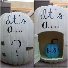 two pumpkins with words written on them