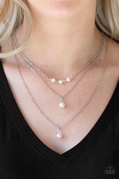 A trio of pearly white beads give way to layers of solitaire white pearl pendants below the collar for a refined flair. Features an adjustable clasp closure. Nickel Free Jewelry, Jewelry Catalog, Brass Beads, White Pearl Necklace, Paparazzi Accessories, White Necklace, Necklace Online, Paparazzi Jewelry, Short Necklace