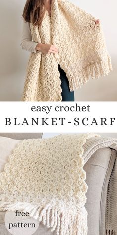 the easy crochet blanket is shown with text overlay