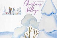 a watercolor painting of people walking in the snow next to a christmas tree and snowy mountains