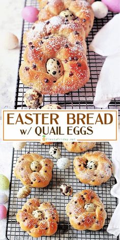 an easter bread with chocolate chips and sprinkles is on a cooling rack