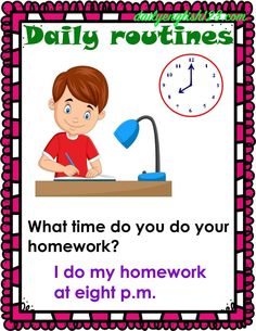 a poster with the words daily routine written in front of it and a boy sitting at his desk