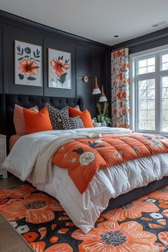 an orange and white bedroom with black walls