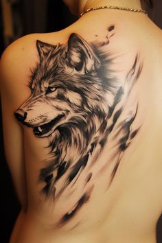 a woman with a wolf tattoo on her back