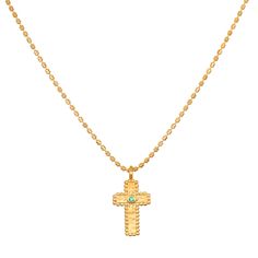 Centered in our faith, we open our hearts to the beauty and wonder of the world around us. An 18kt gold plate cross pendant shines with an emerald, stone of wisdom, abundance, and grace. Delicate beading on the edge of the pendant compliments the shining beaded necklace chain.  Cross - faith, devotion Emerald - wisdom, Luxury Fine Jewelry Cross Necklace, Luxury Classic Jewelry With Cross Pendant, Luxury Yellow Gold Fine Jewelry Cross Necklace, Affordable Gold Spiritual Cross Necklace, Luxury Classic Cross Pendant Jewelry, Luxury Symbolic Cross Necklace, Cross Gold Necklace, Gold Chain Necklace Womens, Satya Jewelry