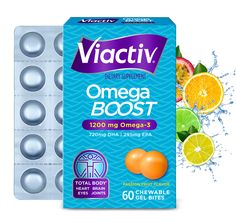 Viactiv Omega Boost Front Packaging Vitamins D, Calcium Vitamins, Less Sugar, Strong Bones, Good Bones, Healthy Bones, Bone Density, Fruit Infused, Caramel Flavoring