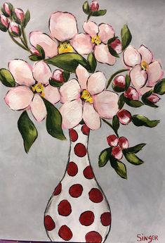 a painting of pink flowers in a polka dot vase