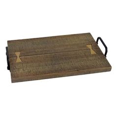 a wooden cutting board with two handles on each side and an iron handle at the top