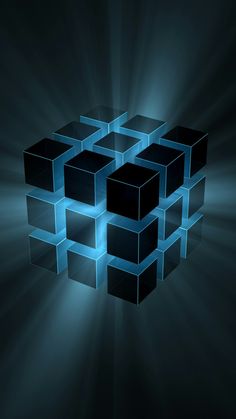 an abstract blue and black background with cubes in the shape of squares on it