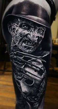 Horror Tattoo Leg Sleeve, Scary Leg Sleeve Tattoo, Scary Leg Tattoos, Horror Tattoos Men, Scary Movie Tattoos Sleeve, Freddy Krueger Tattoo Stencil, Horror Portrait Tattoo, Horror Film Tattoo, Horror Movie Tattoos Sleeve