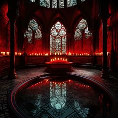 the interior of a gothic church lit up with candles