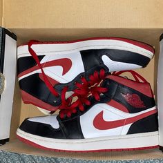 There Jordan 1 Mids, There In Good Condition No Creases Or Anything I Gave Them Red Laces Because I Think They Look Better And They’ll.Come With It. I Don’t Wear Them Anymore And I Need Space In My Room So If You Want Them There All Yours Red Casual Jordan Shoes With Laces, Casual Lace-up Training Sneakers, Casual Custom Sneakers With Cushioned Footbed For Training, Casual Jordan Shoes In University Red With Red Sole, Casual University Red Jordan Shoes With Red Sole, Casual High-top Jordan Shoes For Training, Red Casual Jordan Shoes, Casual Jordan Training Shoes With Cushioned Footbed, Casual Jordan Shoes With Cushioned Footbed For Training