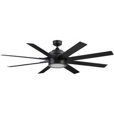 a black ceiling fan with four blades on the top and one light on the bottom