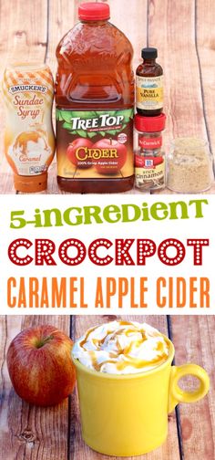 ingredients for an apple cider crockpot are shown in this collage