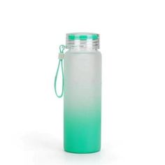 a green and white water bottle on a white background