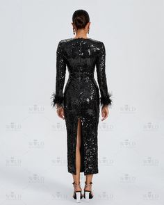 Stand out in this stunning Feather Trim Midi Sequin Evening Dress. The hand-placed sequins add a touch of glamour to any event, while the feather trim at the wrist adds a playful and unique touch. The sleek and sexy black color is perfect for making a statement at formal occasions. Be the center of attention at your next gathering with this dress. Our Style No.KLYF1054 Feather&Sequin Height - 68.9"/175cm Bust - 34.6"/88cm Waist - 25.6"/65cm Hips - 36.6"/93cm and wears size S About Wholesale/Drop Elegant Dresses With Feather Trim For Costume Party, Elegant Feather Trim Evening Dress For Party Season, Party Season Evening Dress With Feather Trim For Gala, Long-sleeved Gala Dress With Feather Trim, Elegant Evening Dress With Feather Trim For Party Season, Long Sleeve Dresses With Feather Trim For Gala, Elegant Evening Dress With Feather Trim, Glamorous Evening Dress With Feathers, Glamorous Feathered Evening Dress