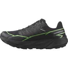 men's black and green running shoe with laces on the outstep