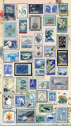 a collage of stamps with different pictures on them