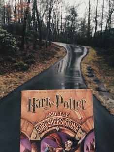 a harry potter and the goblet's stone book sitting in front of a road