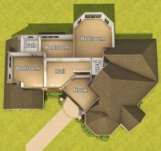 an aerial view of a house with three bedroom and two bathroom areas in the center