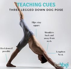 a man doing a yoga pose with the words teaching cues above him and below it