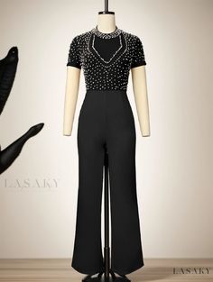 Lasaky - High-Waisted Beaded Jumpsuit with Short Sleeves for Casual Party Dress Embellished Floor-length Jumpsuits And Rompers For Evening, Embellished Jumpsuits And Rompers For Evening Party Season, Elegant Embellished Jumpsuits And Rompers For Cocktail, Elegant Embellished Cocktail Jumpsuits And Rompers, Embellished Floor-length Jumpsuits And Rompers For Formal Occasions, Embellished Jumpsuits And Rompers For Party Season, Embellished Floor-length Jumpsuits For Formal Events, Formal Embellished Floor-length Jumpsuits And Rompers, Glamorous Evening Jumpsuits And Rompers With Rhinestones