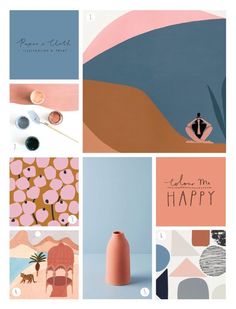 a collage of images with pink and blue colors