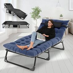 a woman is sitting on a chaise lounger