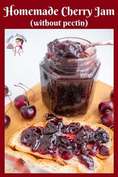 homemade cherry jam without pectin in a jar on a cutting board with bread and cherries