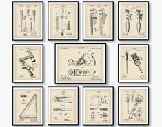 nine framed drawings of different tools