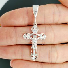 925 Sterling Silver Diamond cut INRI Crucifix charm, in Large and small. Fancy silver sparkle Crucifix pendant, religious pendant for men and women, a gift for him or her and stamped 925 for authenticity. Crucifix Length with bale: ~6.8cm and ~5.9cm Small: 4.9cm Medium: 5.9cm Large: 6.9cm Ex Large: 8.2cm We proudly stand behind the quality of our products and prioritize your satisfaction above all else. If, for any reason, you are not completely satisfied with your purchase, we offer hassle-free Silver Diamond Crucifix Jewelry, Elegant Sterling Silver Crucifix Jewelry And Charms, Sterling Silver Crucifix Necklace With Diamond Accents, Silver Crucifix Jewelry Collectible, Nickel-free Sterling Silver Crucifix Necklace, Mens Pendant, Silver Diamonds, Chains Necklace, Sterling Silver Jewelry