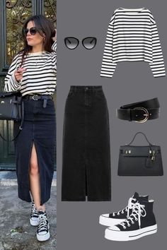 Converse Off White Outfit, White Sneaker Skirt Outfit, How To Style A Black Denim Skirt, Black Denim Midi Skirt Outfit Summer, Black Canvas Shoes Outfit, Denim Midi Skirt Outfit Casual, Spring Outfits With Converse, Black Denim Skirt Outfit Ideas, How To Style Black Denim Skirt