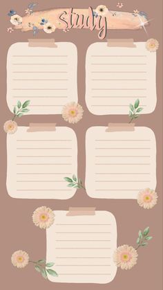 a set of four blank paper with flowers on it and the word study written in pink